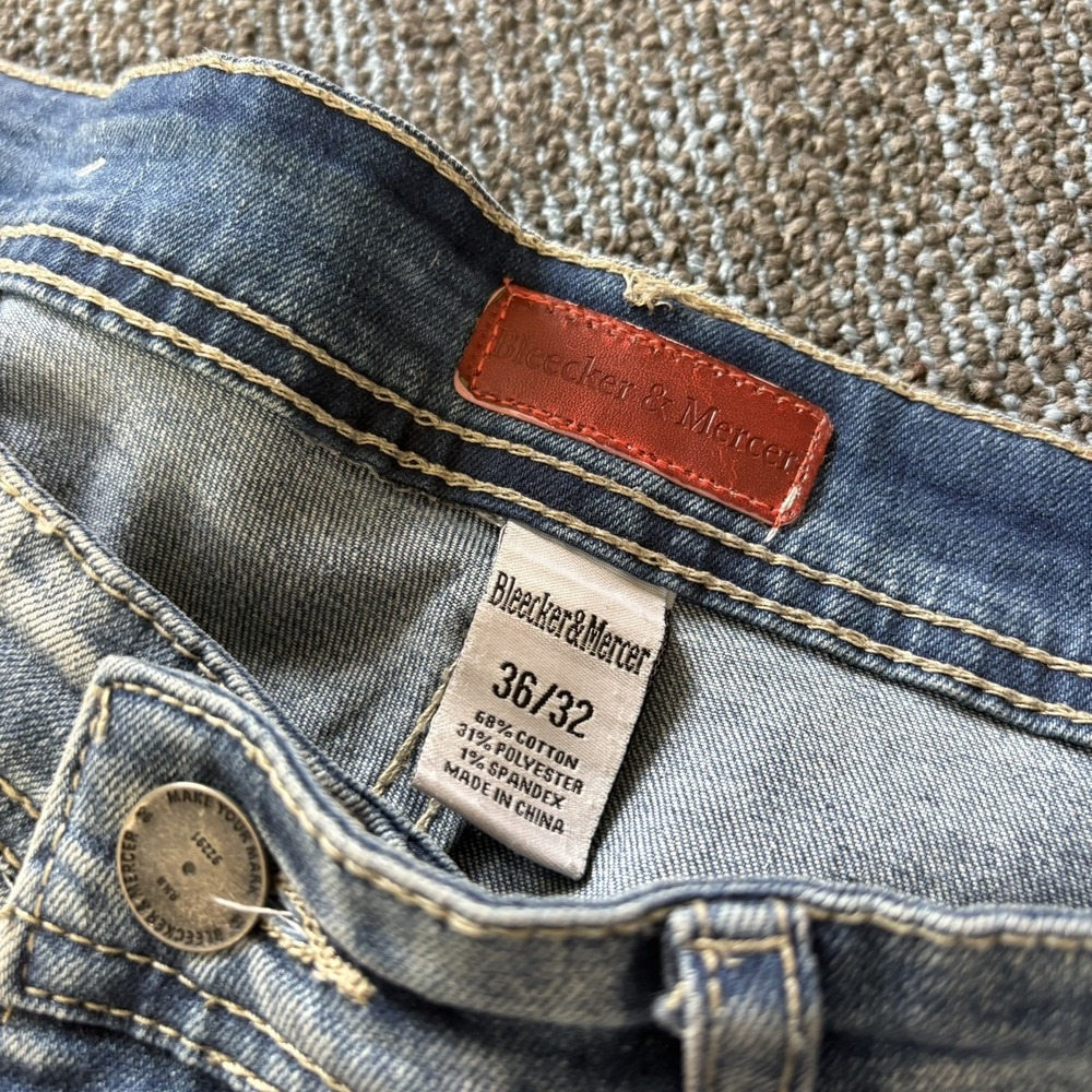 Bleecker & Mercer Mens Jeans 36x32 Skinny Fit Distressed Ripped Light Wash Blue - Picture 2 of 7